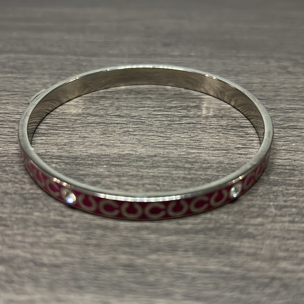 Coach Silver C and Magenta Enamel Bangle Bracelet with Rhinestones - Picture 4 of 5